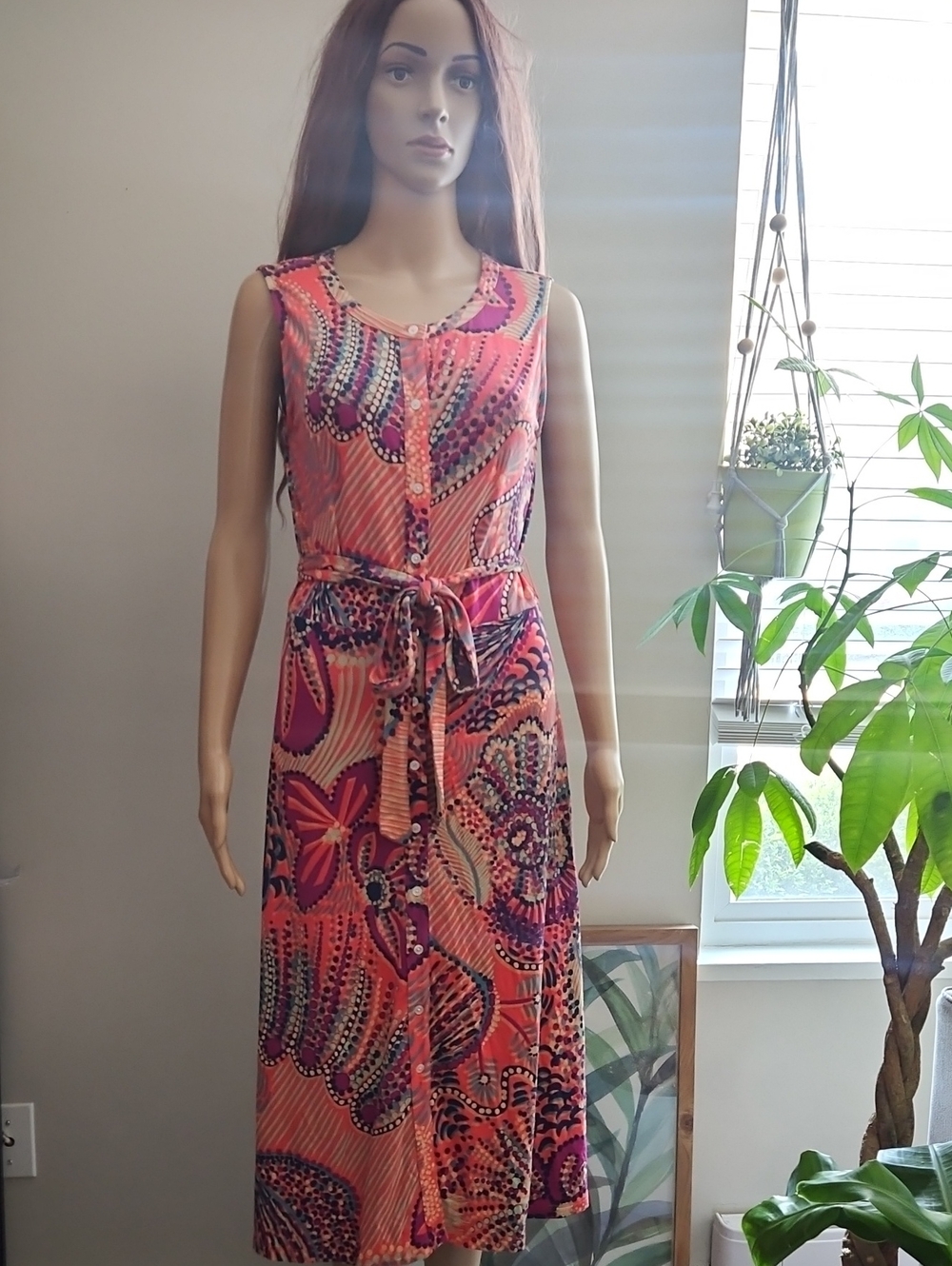 Tommy Bahama Button Down Dress Peach & Purple Print Sleeveless Tie-Waist Midi